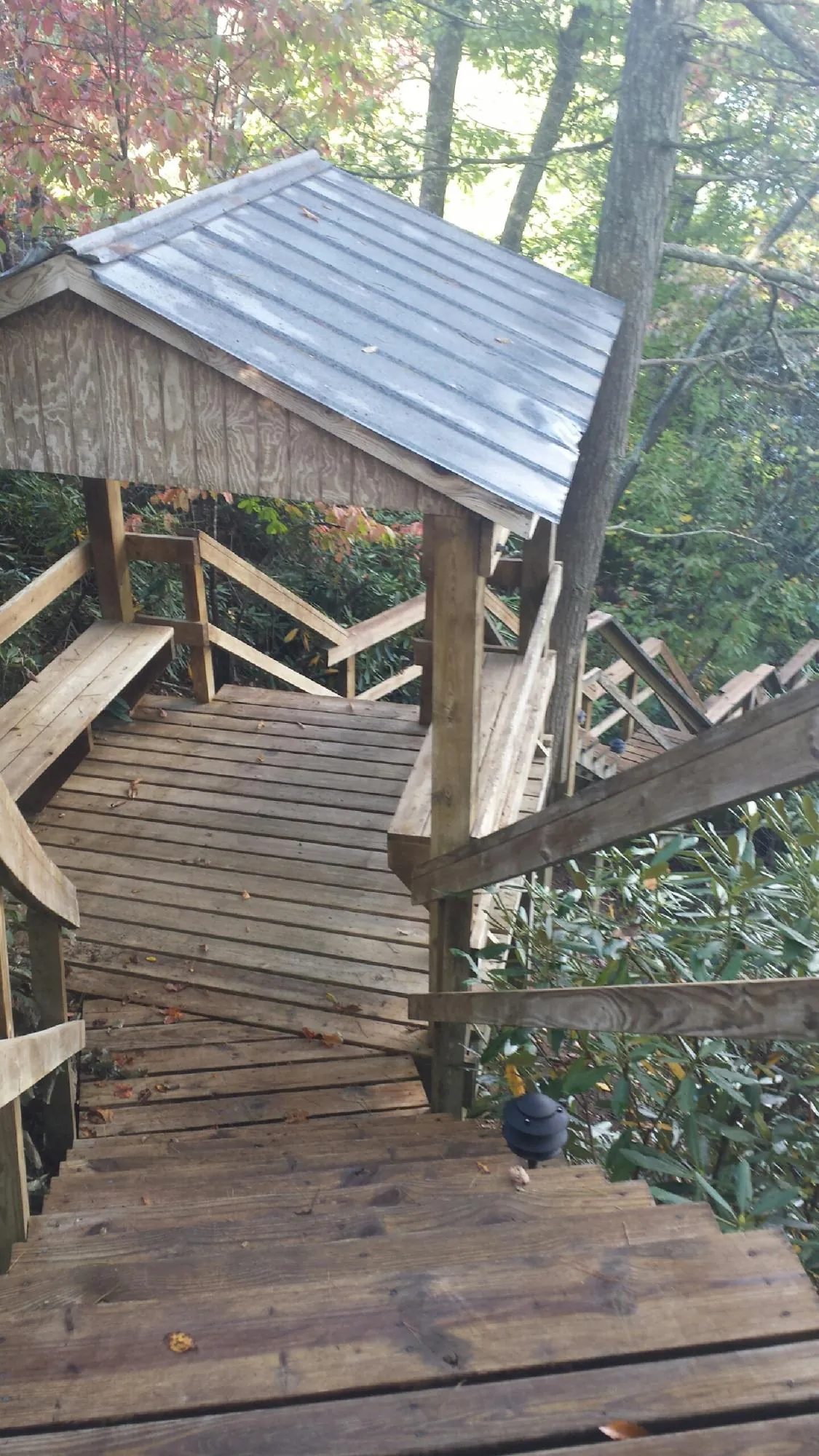 Metal roofed shelter over wooden steps on a wooded walkway — Skylight Repair & Installation work by our crew in Kew Gardens